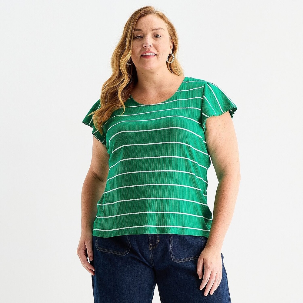 NWT Liz Claiborne Womens 1X Hyper Green Stripe Short Sleeve T-Shirt Round Neck